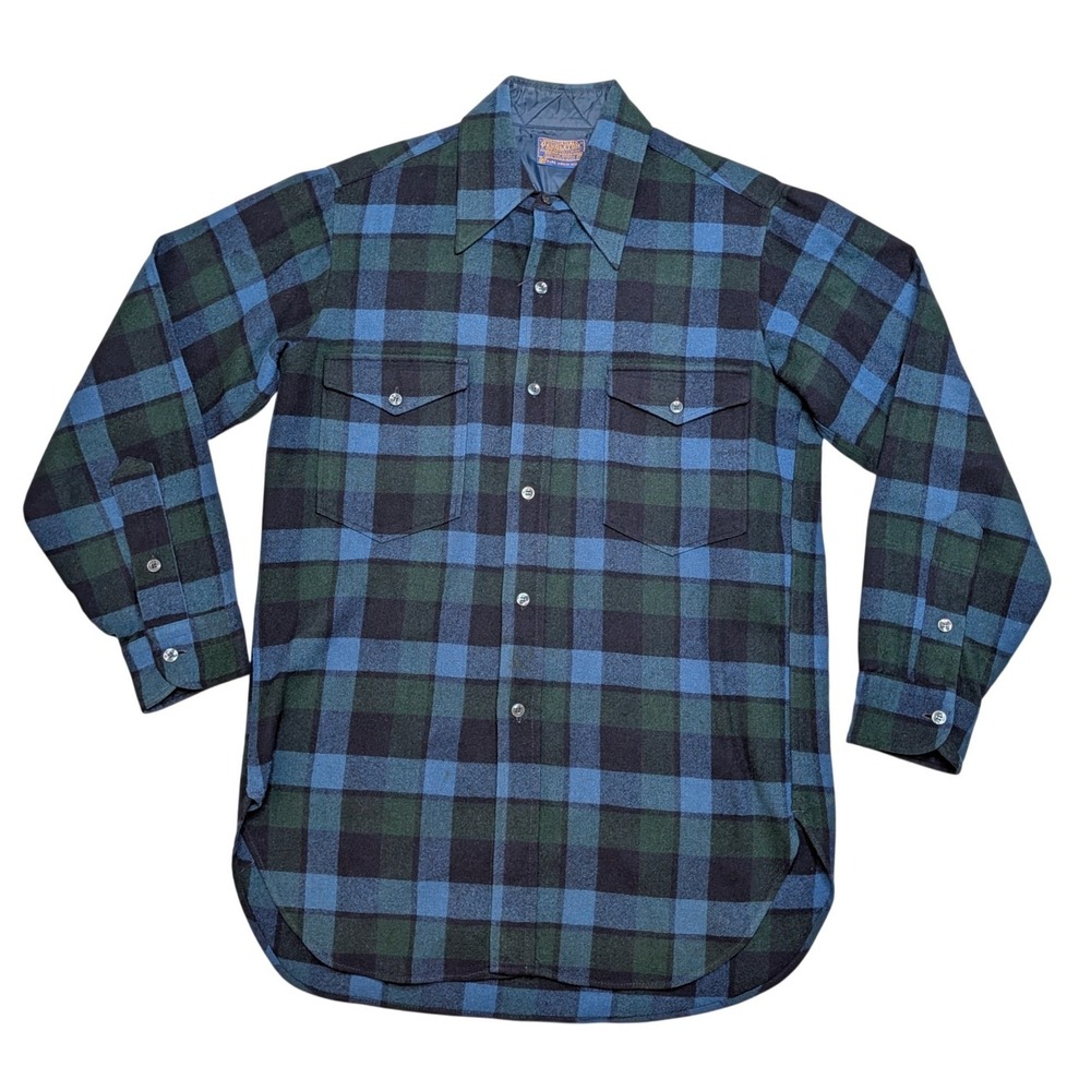 Vintage Pendleton Board Shirt Mens 15 M Blue Green Plaid Virgin Wool